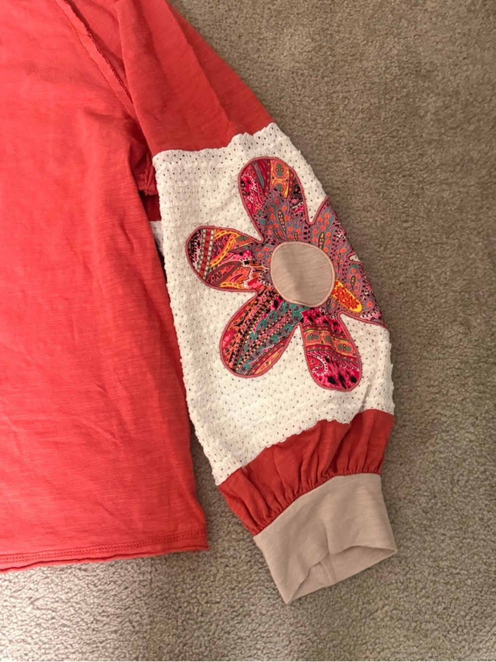 Long Sleeve Red Top with Floral Sleeve Appliques. Boho Artsy Twee - Picture 3 of 4